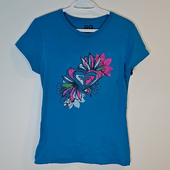 Roxy Blue Tee with Pink Floral Graphic - Picture 1 of 7
